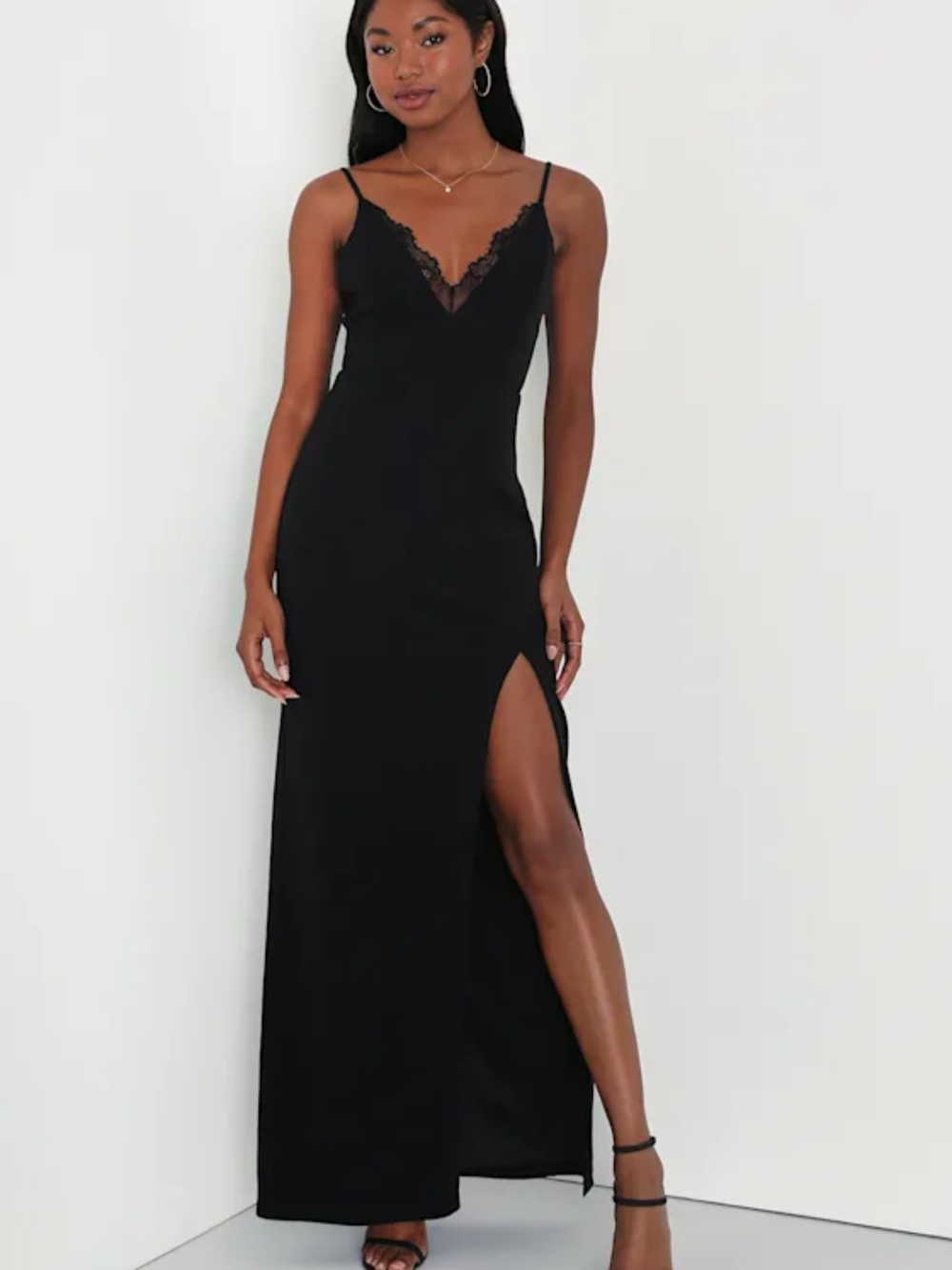 Lulu's Black Lace-Trim Slip Maxi Dress with Side Slit